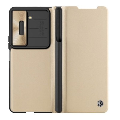 Samsung Galaxy Fold5 5G (SM-F946B) prabangus Nillkin Qin Pro serijos auksinis odinis atverčiamas dėklas - knygutė | Priedai.lt