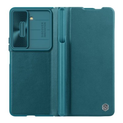 Samsung Galaxy Fold5 5G (SM-F946B) prabangus Nillkin Qin Pro serijos žalias odinis atverčiamas dėklas - knygutė | Priedai.lt