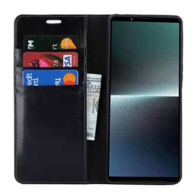 „Deluxe“ Sony Xperia 1 V juodas odinis atverčiamas dėklas | Priedai.lt