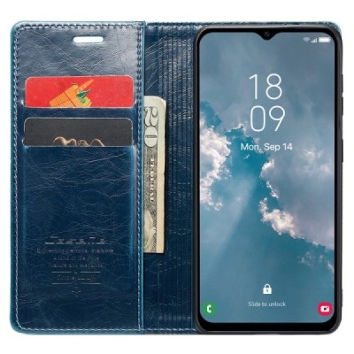 Samsung Galaxy A34 5G (SM-A346E) „CaseMe“ Leather solidus atverčiamas mėlynas odinis dėklas - knygutė | Priedai.lt