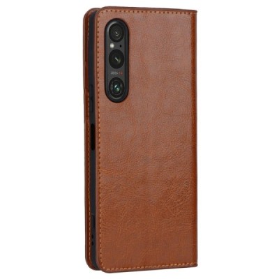 „Deluxe“ Sony Xperia 1 V rudas odinis atverčiamas dėklas | Priedai.lt