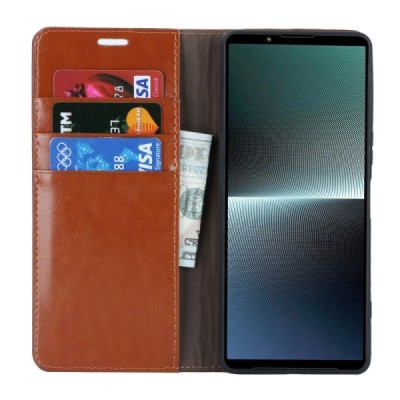 „Deluxe“ Sony Xperia 1 V rudas odinis atverčiamas dėklas | Priedai.lt