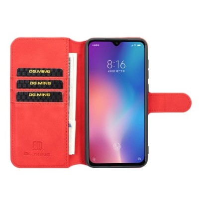 Xiaomi Mi 9 SE atverčiamas raudonas odinis retro dėklas - piniginė | Priedai.lt