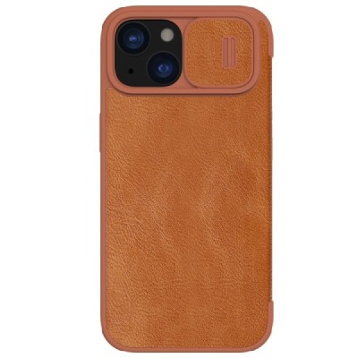 Prabangus „Nillkin“ Qin Pro serijos rudas odinis atverčiamas Apple iPhone 15 dėklas | Priedai.lt