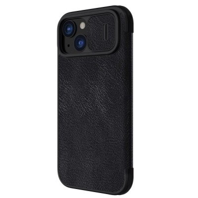 Prabangus „Nillkin“ Qin Pro serijos juodas odinis atverčiamas Apple iPhone 15 Plus dėklas | Priedai.lt