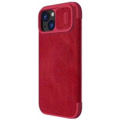 Prabangus „Nillkin“ Qin Pro serijos raudonas odinis atverčiamas Apple iPhone 15 Plus dėklas | Priedai.lt