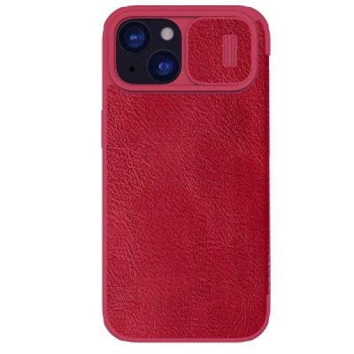 Prabangus „Nillkin“ Qin Pro serijos raudonas odinis atverčiamas Apple iPhone 15 Plus dėklas | Priedai.lt
