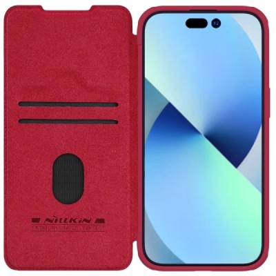 Prabangus „Nillkin“ Qin Pro serijos raudonas odinis atverčiamas Apple iPhone 15 Plus dėklas | Priedai.lt