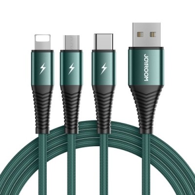 „JOYROOM“ 3-in-1 micro USB + Type-C + Lightning laidas - žalias (1.2 m. / 3A) | Priedai.lt