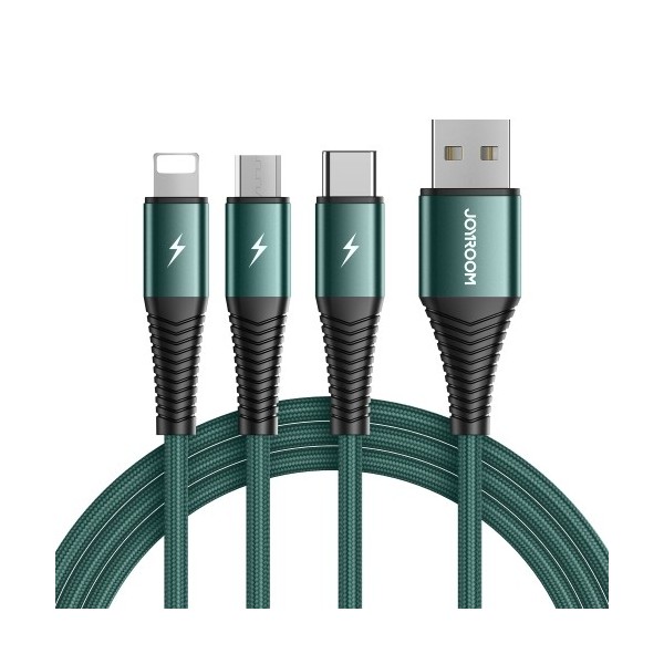 „JOYROOM“ 3-in-1 micro USB + Type-C + Lightning laidas - žalias (1.2 m. / 3A)