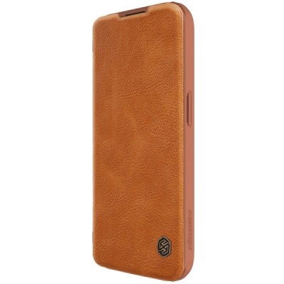Prabangus „Nillkin“ Qin Pro serijos rudas odinis atverčiamas Apple iPhone 15 Pro dėklas | Priedai.lt