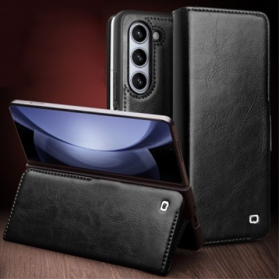 Samsung Galaxy Fold5 5G (SM-F946B) „QIALINO“ atverčiamas juodas odinis dėklas - knygutė | Priedai.lt