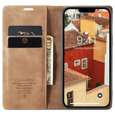 Apple iPhone 15 Pro CaseMe Retro solidus atverčiamas šviesiai rudas odinis dėklas - knygutė | Priedai.lt
