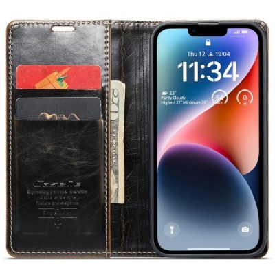 Apple iPhone 15 „CaseMe“ Leather solidus atverčiamas rudas odinis dėklas - knygutė | Priedai.lt