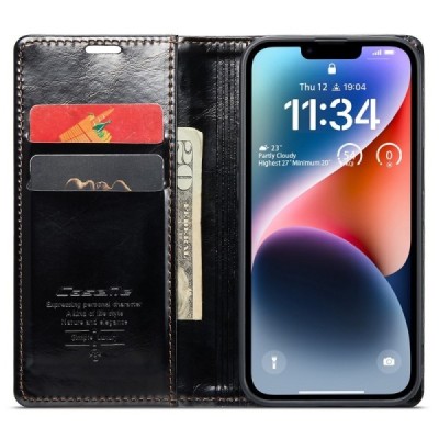 Apple iPhone 15 Plus „CaseMe“ Leather solidus atverčiamas juodas odinis dėklas - knygutė | Priedai.lt