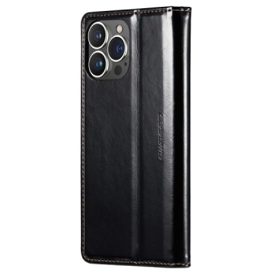 Apple iPhone 15 Pro „CaseMe“ Leather solidus atverčiamas juodas odinis dėklas - knygutė | Priedai.lt