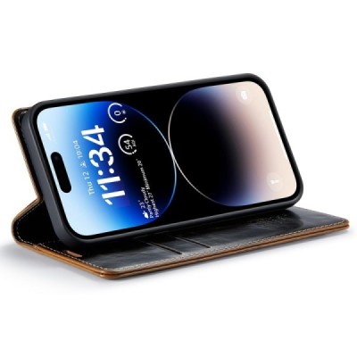 Apple iPhone 15 Pro Max „CaseMe“ Leather solidus atverčiamas rudas odinis dėklas - knygutė | Priedai.lt