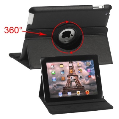 Apple iPad 2, 3, 4 atverčiamas, sukiojamas 360 laipsnių, juodas odinis dėklas - stovas / Priedai.lt
