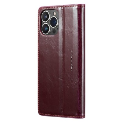 Apple iPhone 15 Pro Max „CaseMe“ Leather solidus atverčiamas bordo odinis dėklas - knygutė | Priedai.lt