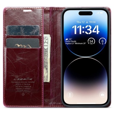 Apple iPhone 15 Pro Max „CaseMe“ Leather solidus atverčiamas bordo odinis dėklas - knygutė | Priedai.lt