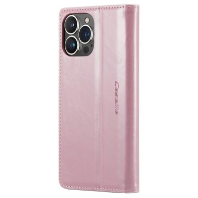 Apple iPhone 15 Pro Max „CaseMe“ Leather solidus atverčiamas rožinis odinis dėklas - knygutė | Priedai.lt