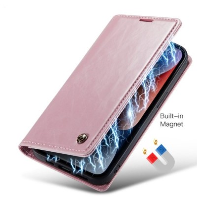 Apple iPhone 15 Pro Max „CaseMe“ Leather solidus atverčiamas rožinis odinis dėklas - knygutė | Priedai.lt