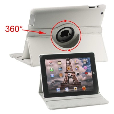 Apple iPad 2, 3, 4 atverčiamas, sukiojamas 360 laipsnių, baltas odinis dėklas - stovas / Priedai.lt
