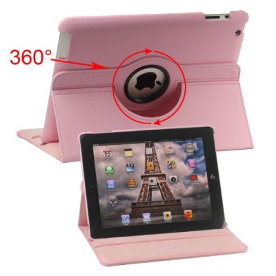 Apple iPad 2, 3, 4 atverčiamas, sukiojamas 360 laipsnių, rožinis odinis dėklas - stovas / Priedai.lt