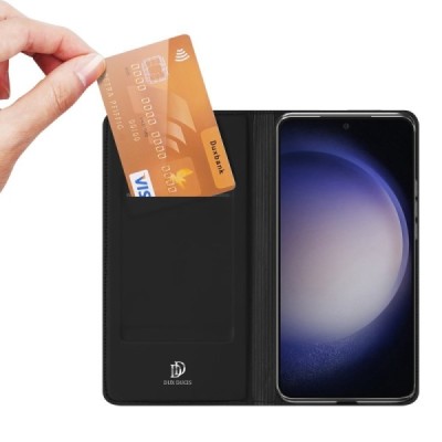 „Dux Ducis“ Skin serijos Samsung Galaxy S24 (SM-S921) juodas odinis atverčiamas dėklas | Priedai.lt