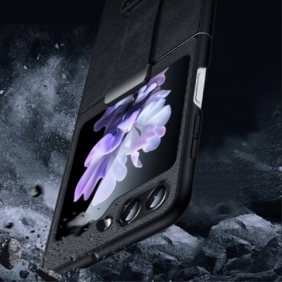 „Sulada“ Leather Kickstand Samsung Galaxy Flip7 FE / Flip6 must nahast ümbris - taga | Priedai.lt