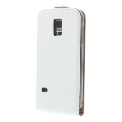 Samsung Galaxy S5 mini G800 klasikinis vertikaliai atverčiamas baltas odinis dėklas / Priedai.lt