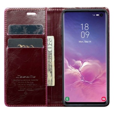 Samsung Galaxy S10+ (G975) „CaseMe“ Leather solidus atverčiamas bordo odinis dėklas - knygutė | Priedai.lt