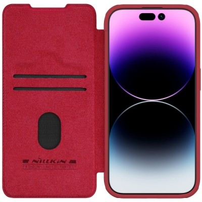 Prabangus „Nillkin“ Qin Pro serijos raudonas odinis atverčiamas Apple iPhone 15 Pro dėklas | Priedai.lt
