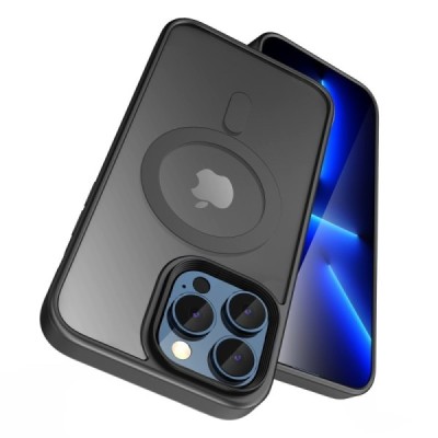 Apple iPhone 15 „Mocolo“ Rubberized MagSafe silikoninis skaidrus permatomas dėklas su juodu rėmeliu | Priedai.lt