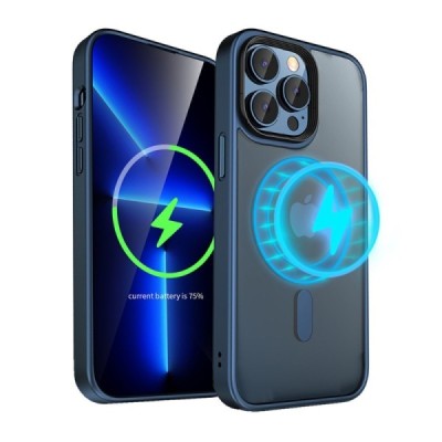 Apple iPhone 15 Pro „Mocolo“ Rubberized MagSafe silikoninis skaidrus permatomas dėklas su mėlynu rėmeliu | Priedai.lt