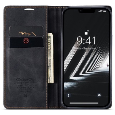 Apple iPhone 15 Plus CaseMe Retro solidus atverčiamas juodas odinis dėklas - knygutė | Priedai.lt