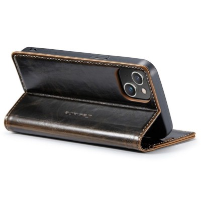 Apple iPhone 15 „CaseMe“ Leather solidus atverčiamas rudas odinis dėklas - knygutė | Priedai.lt