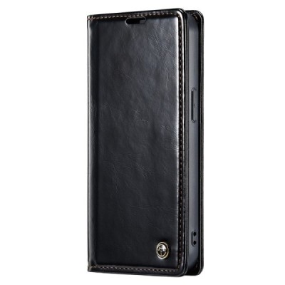 Apple iPhone 15 Plus „CaseMe“ Leather solidus atverčiamas juodas odinis dėklas - knygutė | Priedai.lt