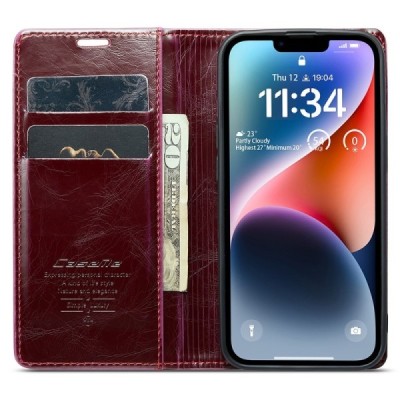 Apple iPhone 15 Plus „CaseMe“ Leather solidus atverčiamas bordo odinis dėklas - knygutė | Priedai.lt