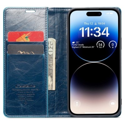 Apple iPhone 15 Pro „CaseMe“ Leather solidus atverčiamas mėlynas odinis dėklas - knygutė | Priedai.lt