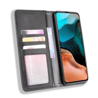 Xiaomi Poco F2 Pro Vintage must nahast klappkohver - magnetiga raamat | Priedai.lt
