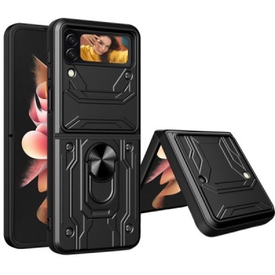 Sustiprintos apsaugos „Kickstand“ Samsung Galaxy Z Flip4 (F721) juodas kieto silikono (TPU) ir plastiko dėklas | Priedai.lt