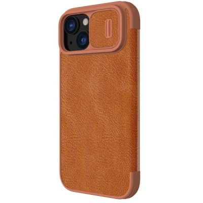 Prabangus „Nillkin“ Qin Pro serijos rudas odinis atverčiamas Apple iPhone 15 dėklas | Priedai.lt