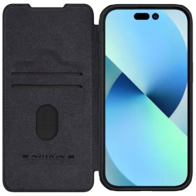Prabangus „Nillkin“ Qin Pro serijos juodas odinis atverčiamas Apple iPhone 15 Plus dėklas | Priedai.lt