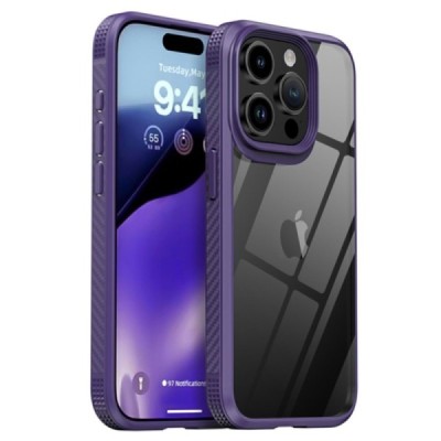 Apple iPhone 15 Pro Max „IPAKY“ Fiber silikoninis skaidrus permatomas dėklas su violetiniu rėmeliu | Priedai.lt