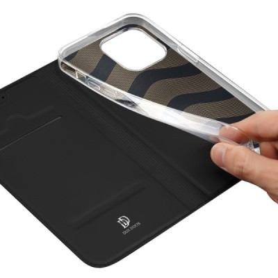 „Dux Ducis“ Skin serijos Apple iPhone 15 Pro juodas odinis atverčiamas dėklas | Priedai.lt