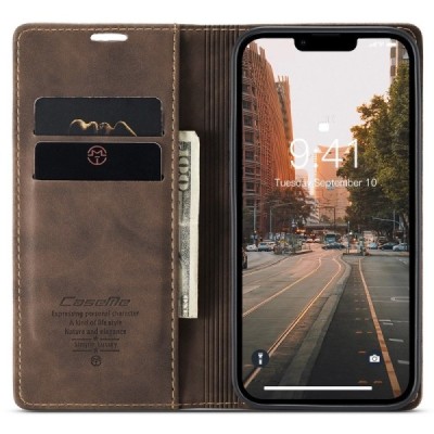 Apple iPhone 15 Plus CaseMe Retro solidus atverčiamas tamsiai rudas odinis dėklas - knygutė | Priedai.lt