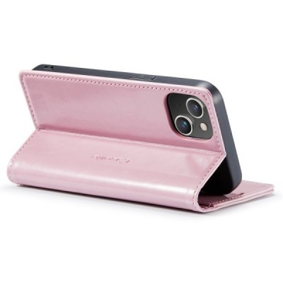 Apple iPhone 15 Plus „CaseMe“ Leather solidus atverčiamas rožinis odinis dėklas - knygutė | Priedai.lt