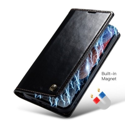 Apple iPhone 15 Pro „CaseMe“ Leather solidus atverčiamas juodas odinis dėklas - knygutė | Priedai.lt