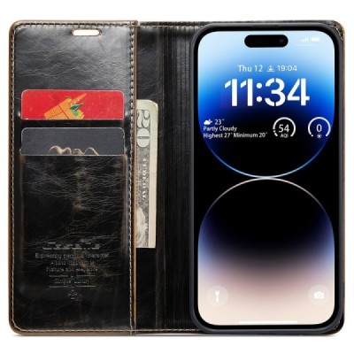 Apple iPhone 15 Pro „CaseMe“ Leather solidus atverčiamas rudas odinis dėklas - knygutė | Priedai.lt
